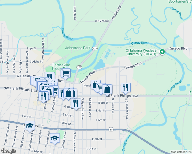 map of restaurants, bars, coffee shops, grocery stores, and more near 119 North Seneca Avenue in Bartlesville