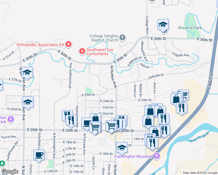 map of restaurants, bars, coffee shops, grocery stores, and more near 2629 Cliffside Drive in Farmington