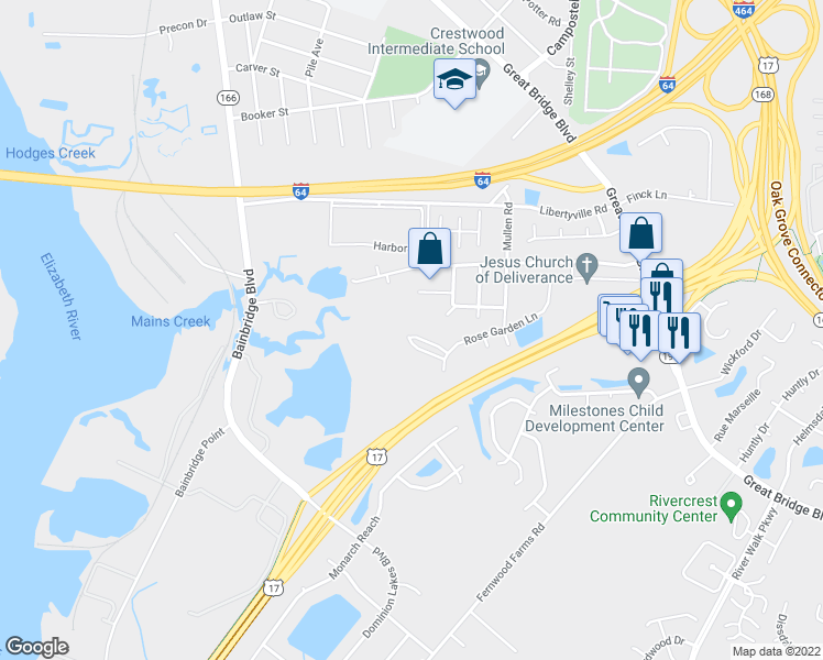 map of restaurants, bars, coffee shops, grocery stores, and more near 724 Albertine Court in Chesapeake