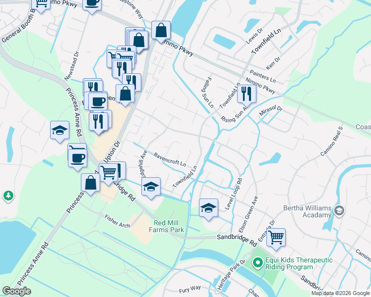 map of restaurants, bars, coffee shops, grocery stores, and more near 2504 Castle Hill Court in Virginia Beach