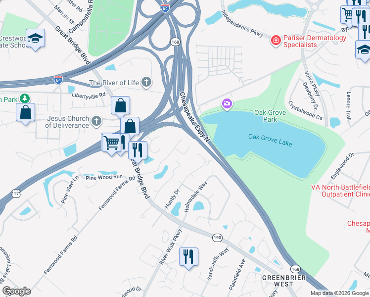 map of restaurants, bars, coffee shops, grocery stores, and more near 1037 Wickford Court in Chesapeake