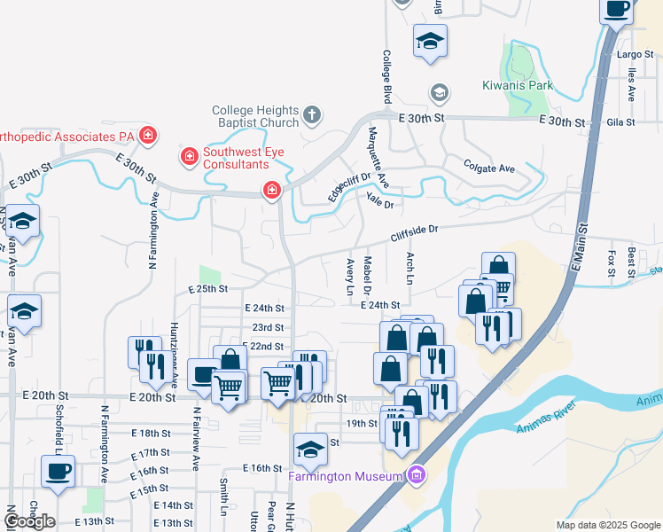 map of restaurants, bars, coffee shops, grocery stores, and more near 2508 North Lee Avenue in Farmington