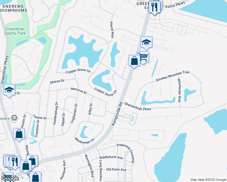 map of restaurants, bars, coffee shops, grocery stores, and more near 1324 Copper Stone Circle in Chesapeake
