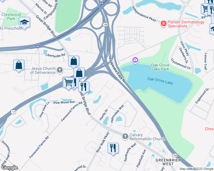 map of restaurants, bars, coffee shops, grocery stores, and more near 901 Wickford Drive in Chesapeake
