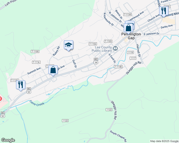 map of restaurants, bars, coffee shops, grocery stores, and more near 601-649 Joslyn Avenue in Pennington Gap