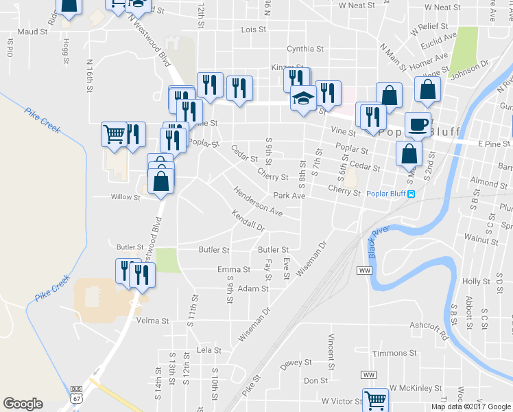 map of restaurants, bars, coffee shops, grocery stores, and more near 702 South 9th Street in Poplar Bluff