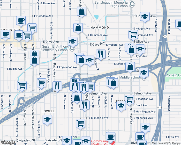 map of restaurants, bars, coffee shops, grocery stores, and more near 712 North Abby Street in Fresno