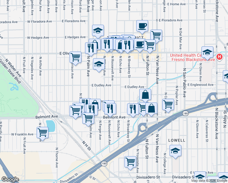 map of restaurants, bars, coffee shops, grocery stores, and more near 750 North Roosevelt Avenue in Fresno