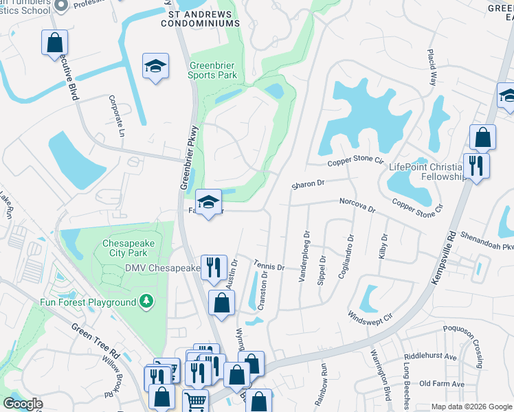 map of restaurants, bars, coffee shops, grocery stores, and more near 1023 Fairway Drive in Chesapeake