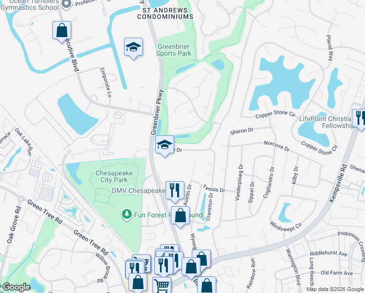 map of restaurants, bars, coffee shops, grocery stores, and more near 1009 Fairway Drive in Chesapeake