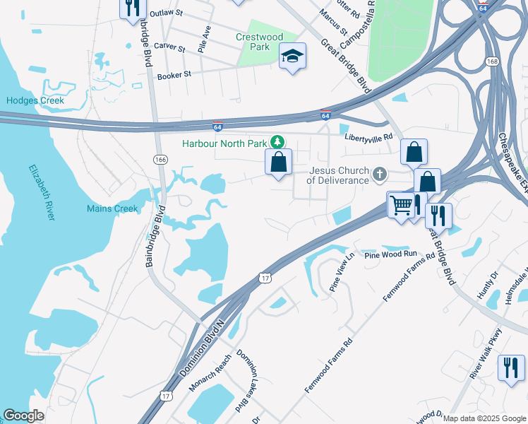 map of restaurants, bars, coffee shops, grocery stores, and more near in Chesapeake