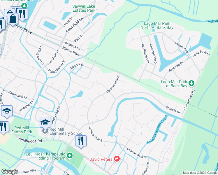 map of restaurants, bars, coffee shops, grocery stores, and more near 2417 Camino Real South in Virginia Beach