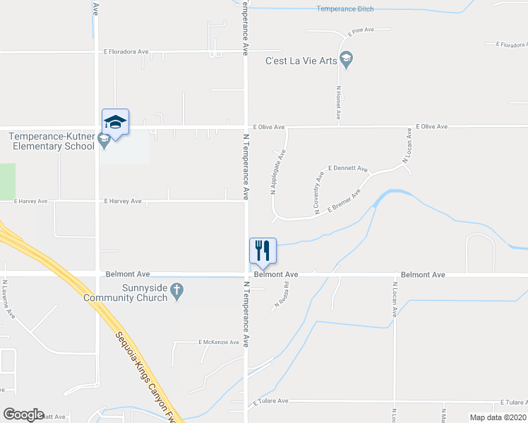 map of restaurants, bars, coffee shops, grocery stores, and more near 1205 North Applegate Avenue in Fresno