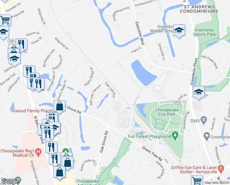 map of restaurants, bars, coffee shops, grocery stores, and more near 317 Oak Lake Run in Chesapeake