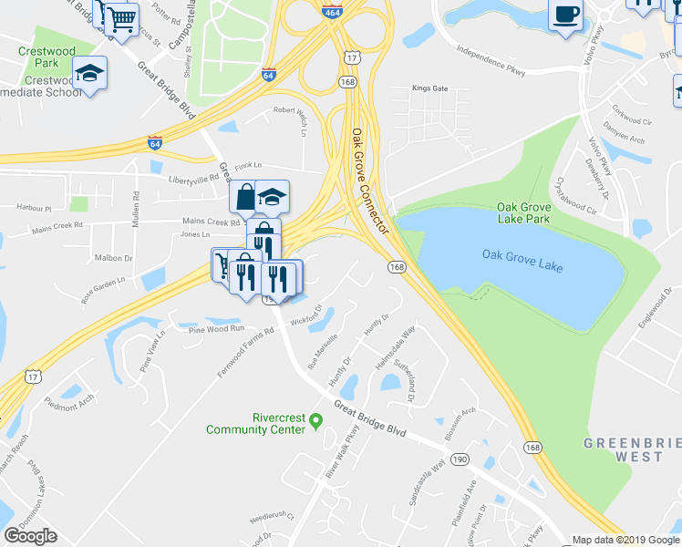map of restaurants, bars, coffee shops, grocery stores, and more near 840 Wickford Drive in Chesapeake