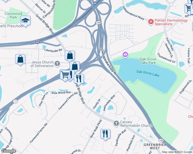 map of restaurants, bars, coffee shops, grocery stores, and more near 840 Wickford Drive in Chesapeake