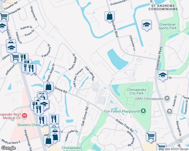 map of restaurants, bars, coffee shops, grocery stores, and more near 317 Oak Lake Run in Chesapeake