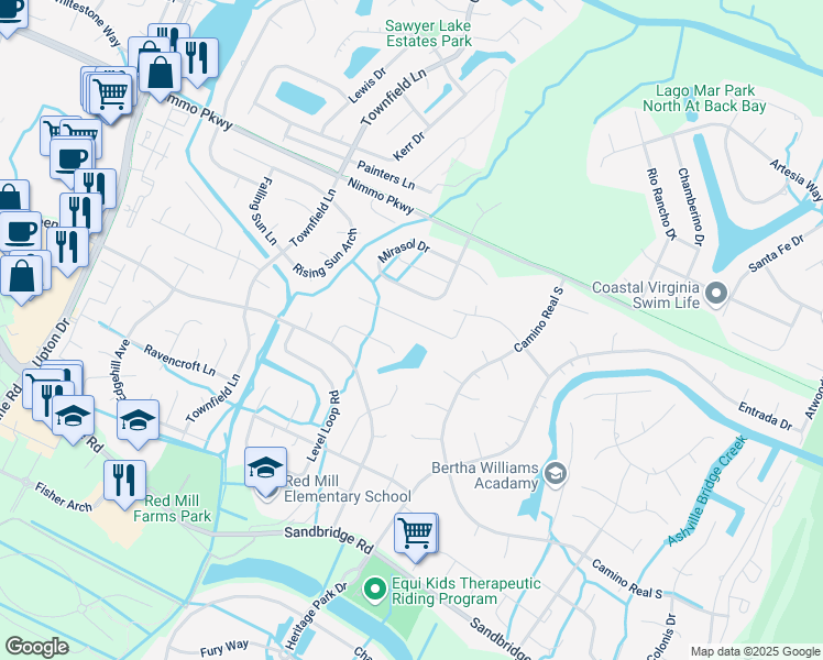 map of restaurants, bars, coffee shops, grocery stores, and more near 1129 Cordova Court in Virginia Beach