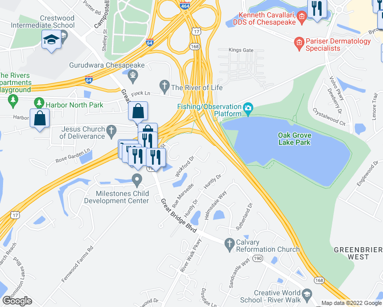map of restaurants, bars, coffee shops, grocery stores, and more near 842 Wickford Drive in Chesapeake