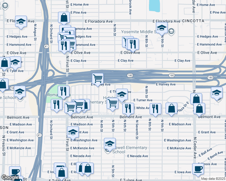 map of restaurants, bars, coffee shops, grocery stores, and more near 659 North 5th Street in Fresno