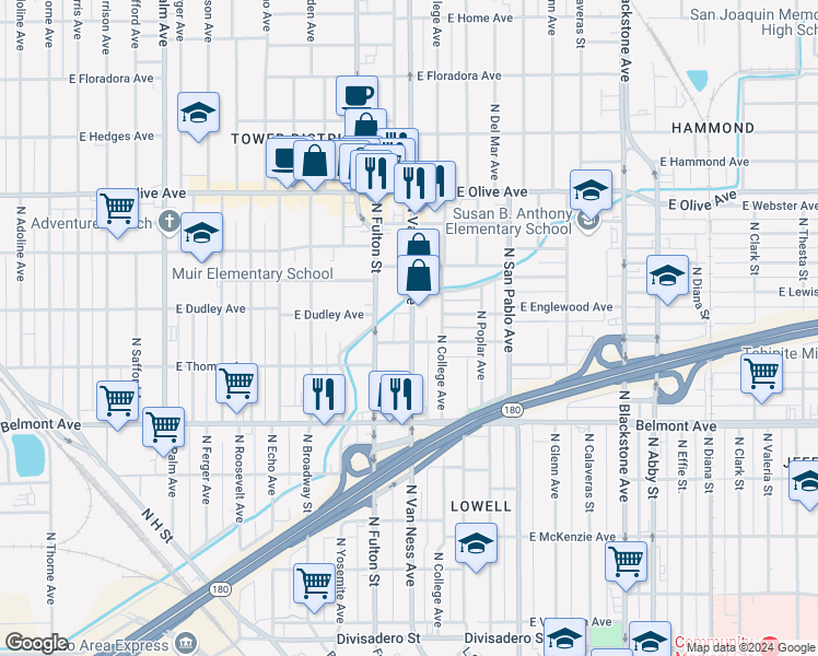 map of restaurants, bars, coffee shops, grocery stores, and more near 960 East Bremer Avenue in Fresno