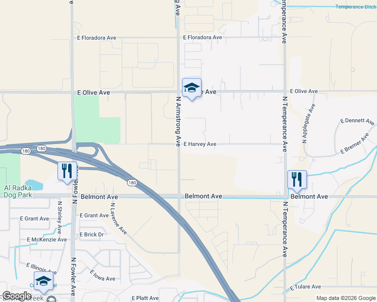 map of restaurants, bars, coffee shops, grocery stores, and more near 6585 East Harvey Avenue in Fresno