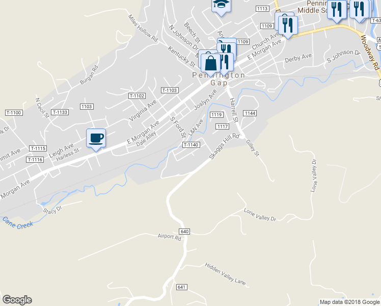 map of restaurants, bars, coffee shops, grocery stores, and more near Robinson Avenue in Pennington Gap