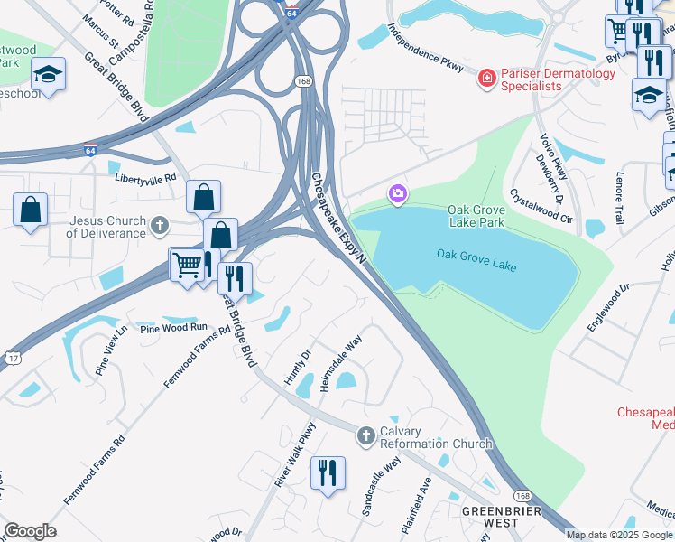 map of restaurants, bars, coffee shops, grocery stores, and more near 1049 Wickford Court in Chesapeake