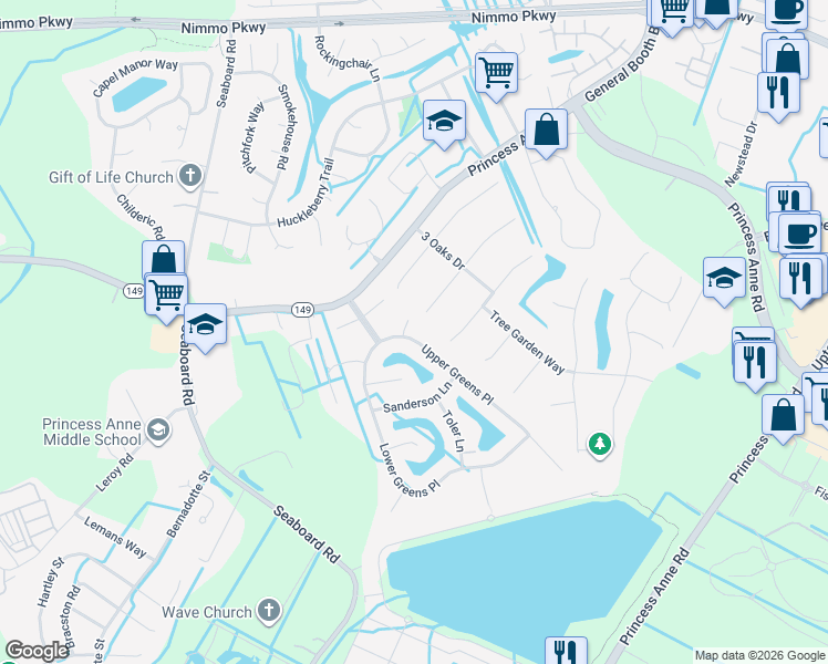 map of restaurants, bars, coffee shops, grocery stores, and more near 2300 Mulkerin Court in Virginia Beach