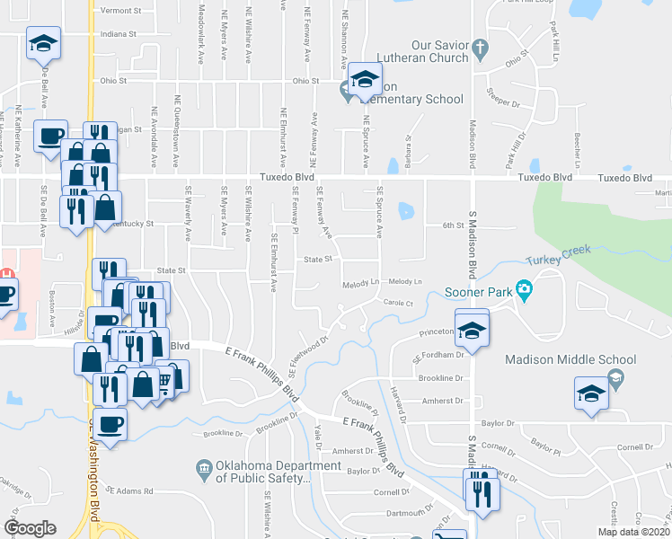 map of restaurants, bars, coffee shops, grocery stores, and more near 307 Southeast Fenway Avenue in Bartlesville