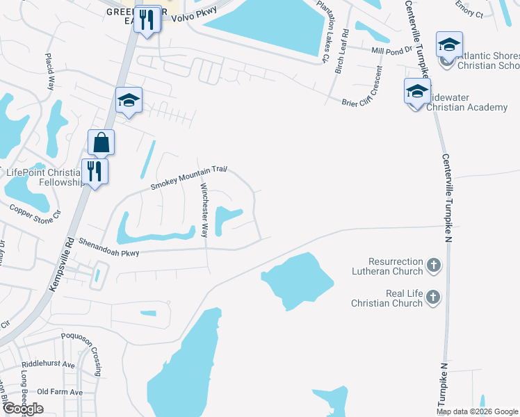 map of restaurants, bars, coffee shops, grocery stores, and more near 1253 Smokey Mountain Trail in Chesapeake