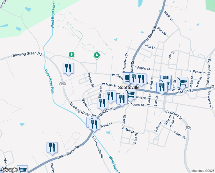 map of restaurants, bars, coffee shops, grocery stores, and more near 100-198 South Welch Street in Scottsville