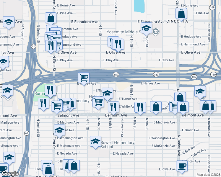 map of restaurants, bars, coffee shops, grocery stores, and more near 70 North 6th Street in Fresno