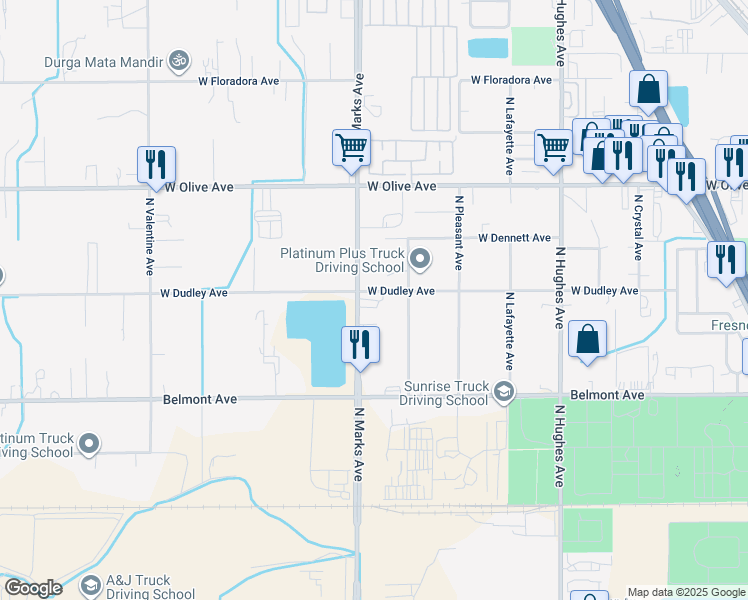 map of restaurants, bars, coffee shops, grocery stores, and more near 1144 North Marks Avenue in Fresno