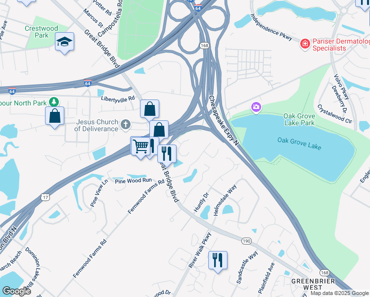 map of restaurants, bars, coffee shops, grocery stores, and more near 715 Hunters Quay in Chesapeake