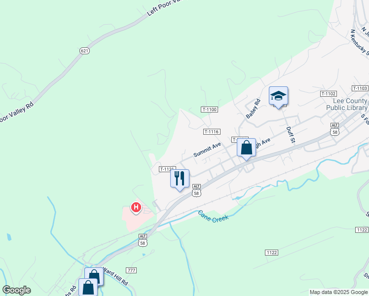 map of restaurants, bars, coffee shops, grocery stores, and more near 156 Summit Avenue in Pennington Gap