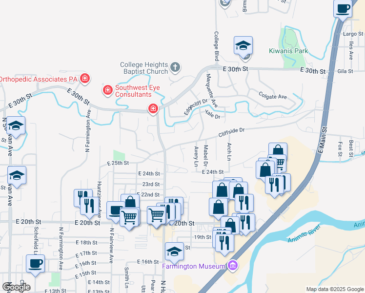 map of restaurants, bars, coffee shops, grocery stores, and more near 2510 North Lee Avenue in Farmington