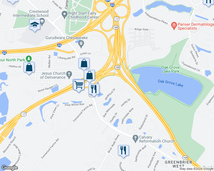 map of restaurants, bars, coffee shops, grocery stores, and more near 710 Hunters Quay in Chesapeake