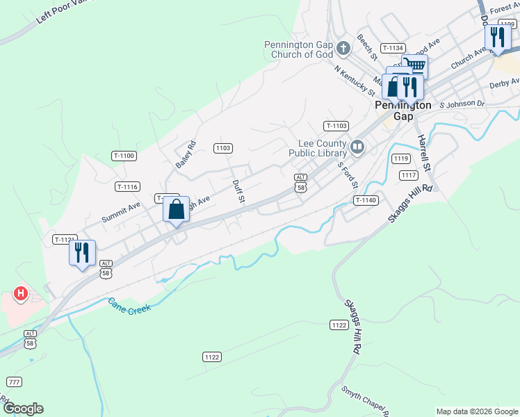 map of restaurants, bars, coffee shops, grocery stores, and more near 651-731 Bailey Street in Pennington Gap