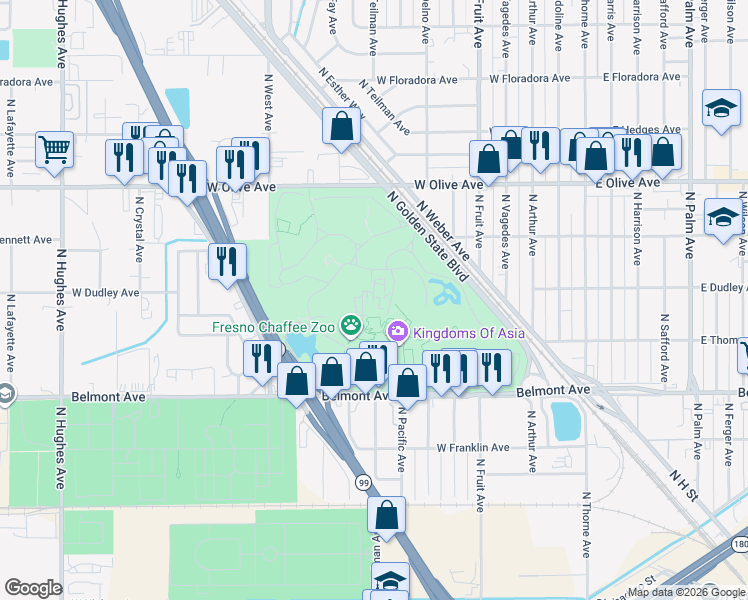 map of restaurants, bars, coffee shops, grocery stores, and more near 890 West Belmont Avenue in Fresno