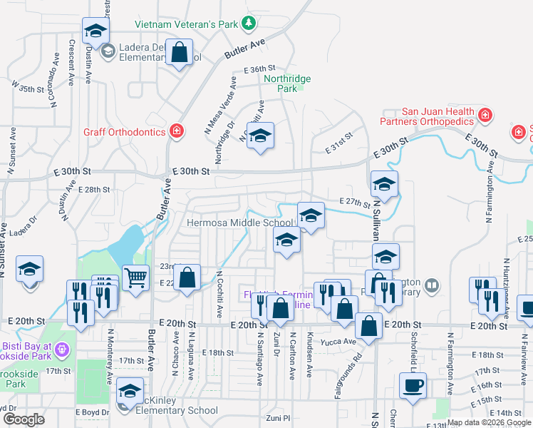 map of restaurants, bars, coffee shops, grocery stores, and more near 2420 Santiago Avenue in Farmington