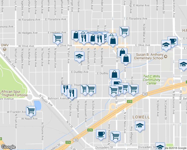 map of restaurants, bars, coffee shops, grocery stores, and more near 835 North Echo Avenue in Fresno