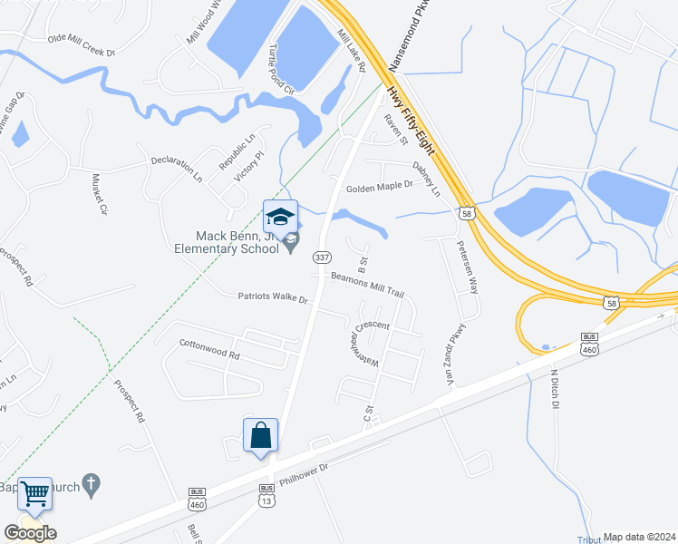 map of restaurants, bars, coffee shops, grocery stores, and more near 305 Beamons Mill Trail in Suffolk