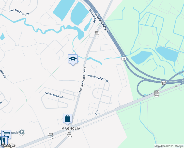 map of restaurants, bars, coffee shops, grocery stores, and more near 228 Beamons Mill Trail in Suffolk