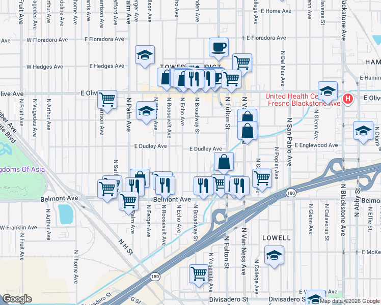 map of restaurants, bars, coffee shops, grocery stores, and more near 737 North Broadway Street in Fresno