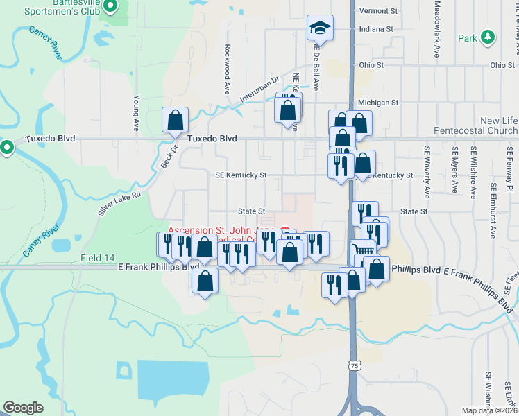 map of restaurants, bars, coffee shops, grocery stores, and more near 304 Southeast Morningside Avenue in Bartlesville
