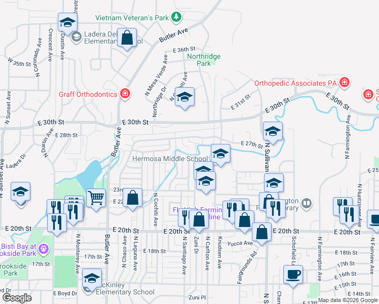 map of restaurants, bars, coffee shops, grocery stores, and more near 2420 Santiago Avenue in Farmington
