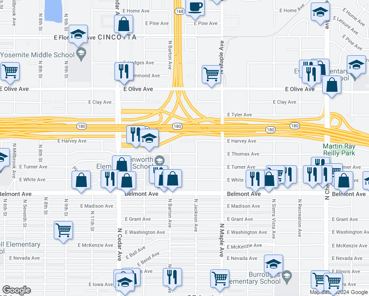 map of restaurants, bars, coffee shops, grocery stores, and more near 4546 East Thomas Avenue in Fresno