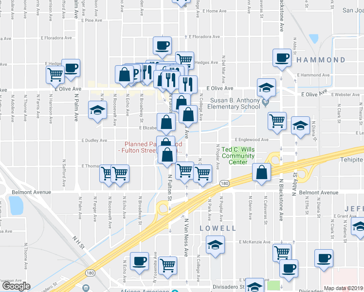 map of restaurants, bars, coffee shops, grocery stores, and more near 960 East Bremer Avenue in Fresno