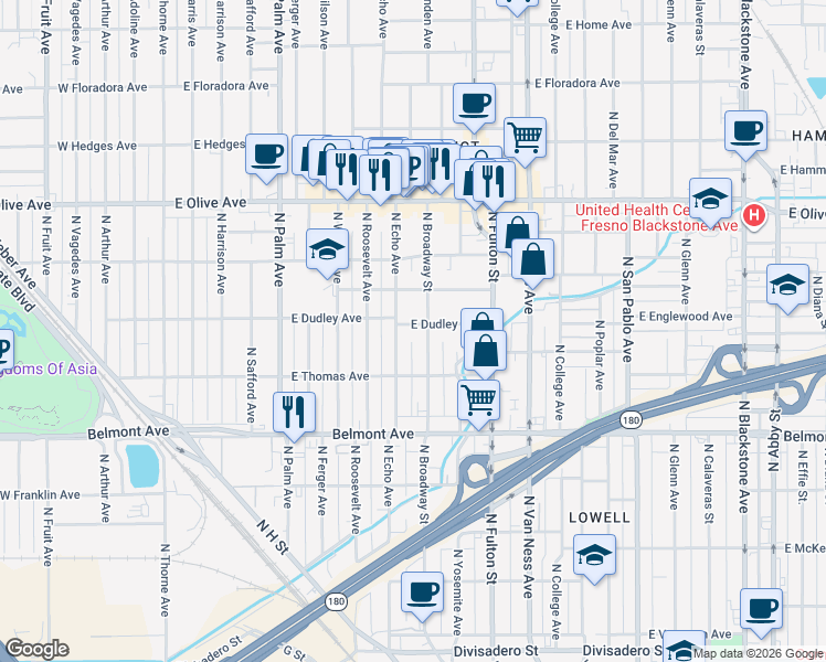 map of restaurants, bars, coffee shops, grocery stores, and more near 737 North Broadway Street in Fresno